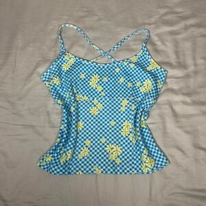Vintage 90s Energie blue with yellow flowers criss cross strap tank top